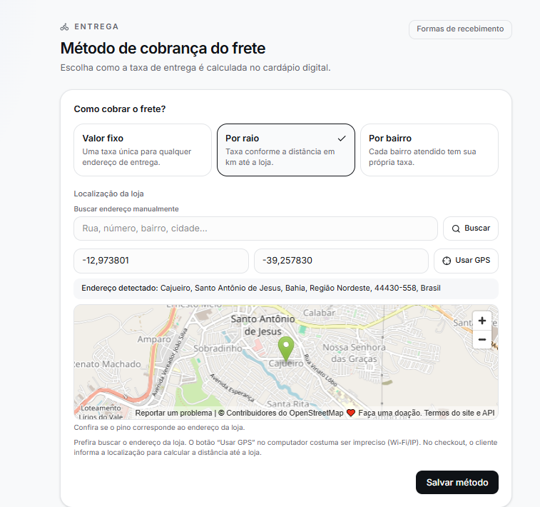Configuração de método de cobrança do frete no Click Menu