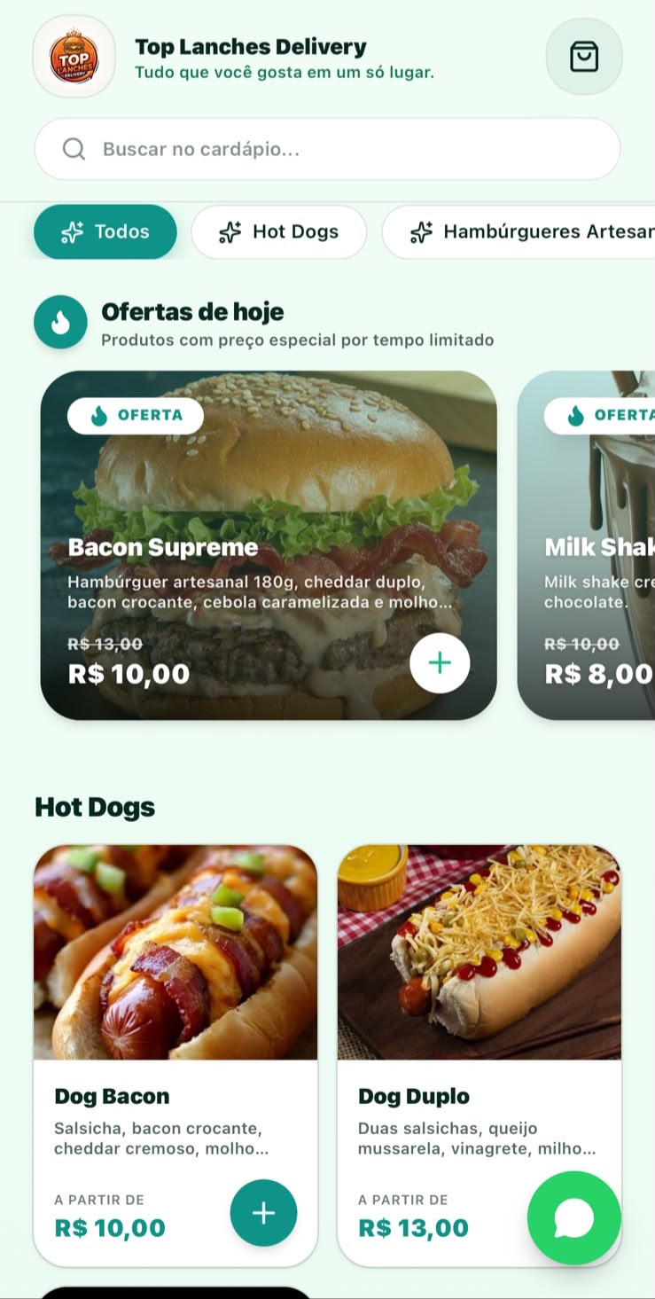Cardápio digital real do Top Lanches Delivery em um celular