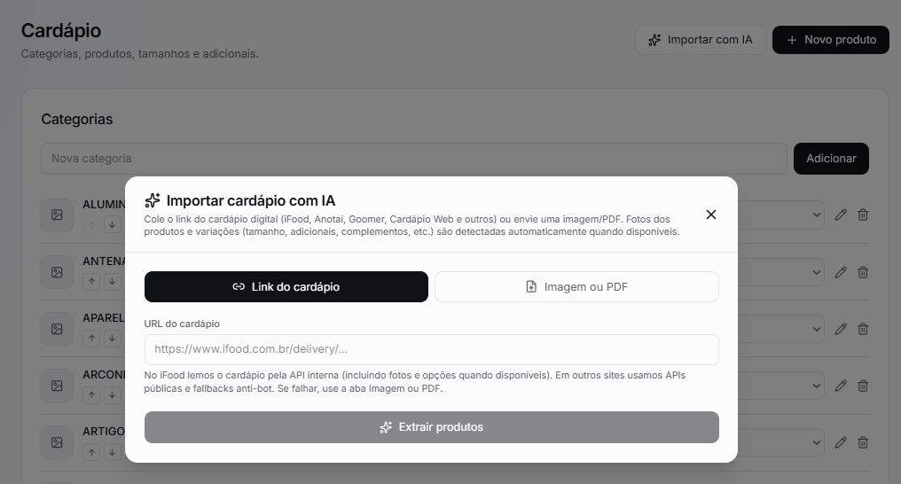 Importação de cardápio com Inteligência Artificial no Click Menu