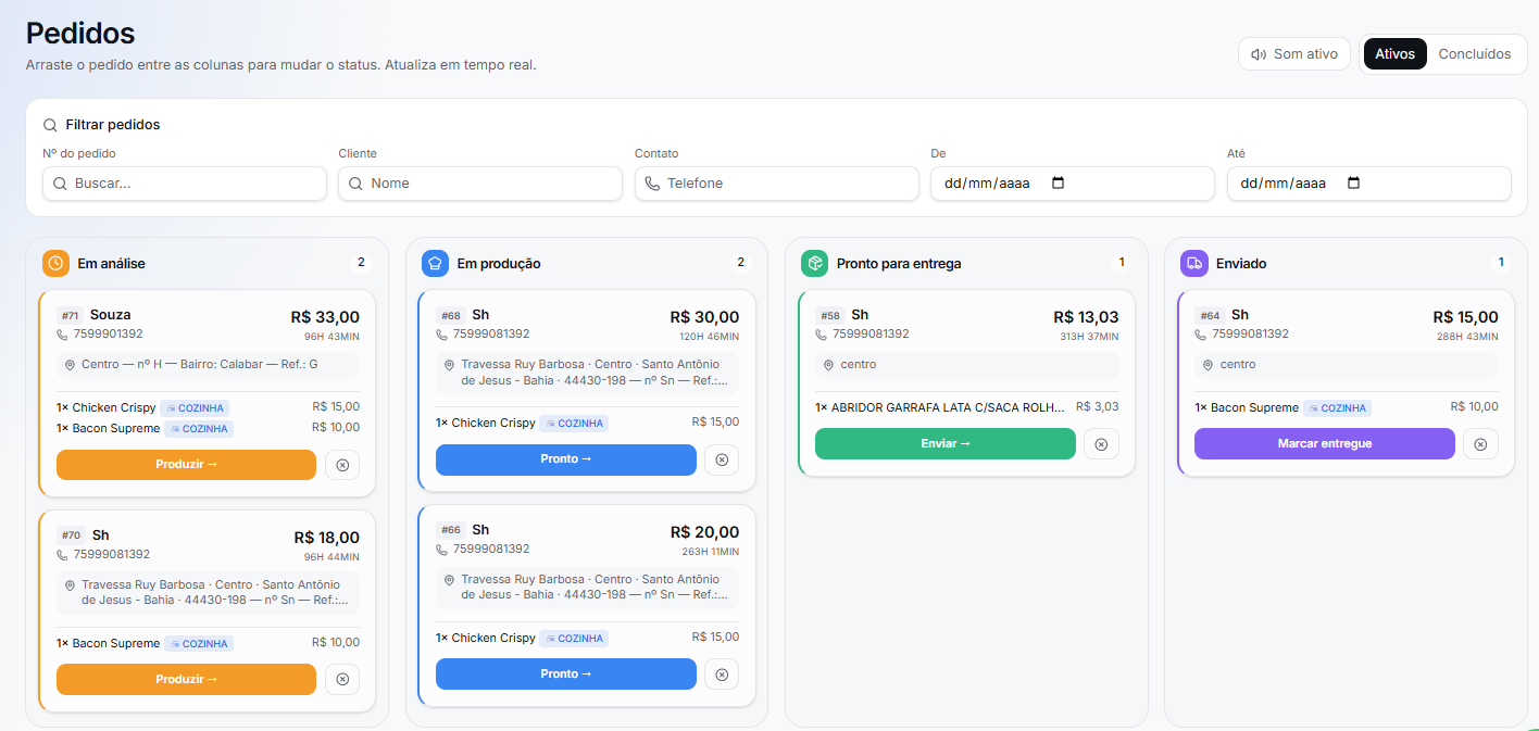 Painel de pedidos do Click Menu com colunas Kanban em tempo real