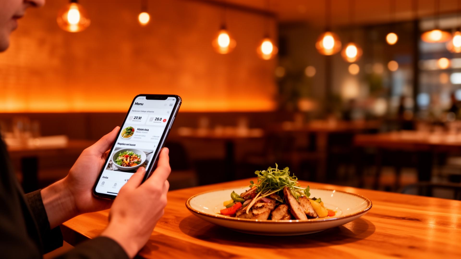 Cliente fazendo pedido pelo cardápio digital em um restaurante moderno